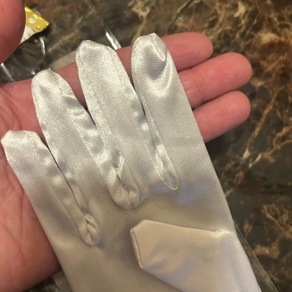 White Satin Dress Gloves with Bow & Pearl – 12” Long Formal Gloves